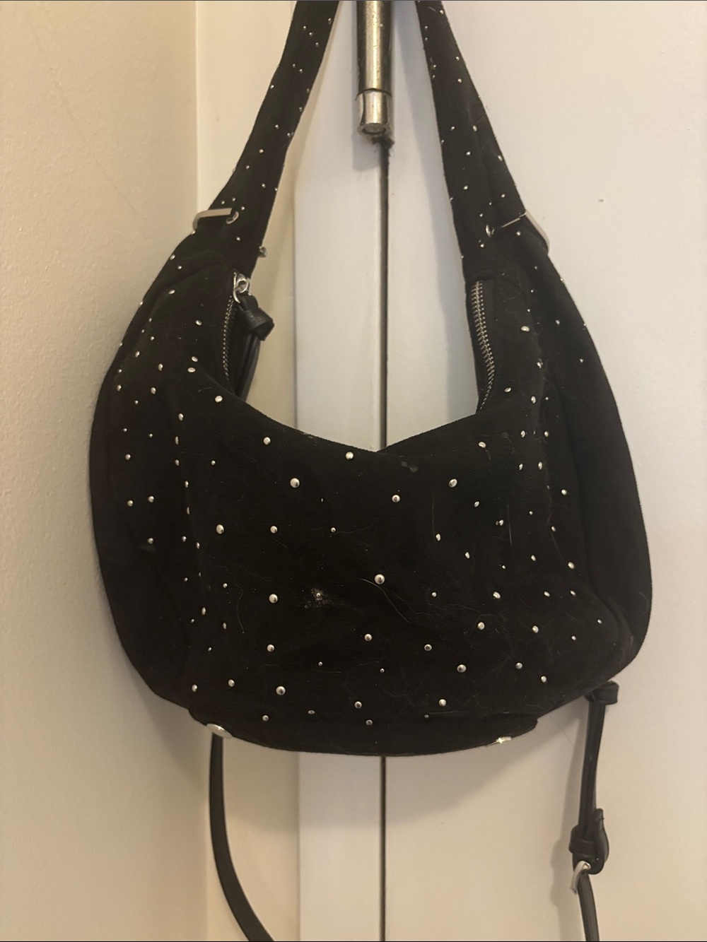 Studded Black Suede Hobo Shoulder Bag